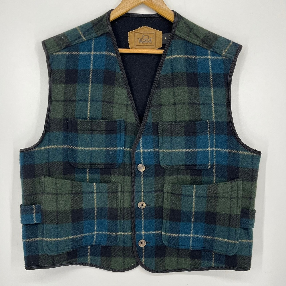 Woolrich Mens Plaid Wool Blend Vest Green Blue Made in USA Size L